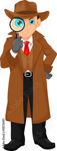 boy detective looking through magnifying glass