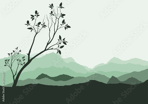 Silhouette of forest and mountain with brown background