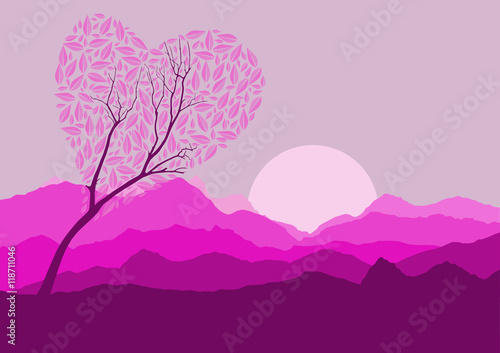 Silhouette of forest and mountain with pink background © rufous