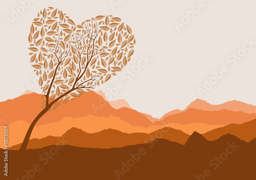 Silhouette of forest and mountain with brown background