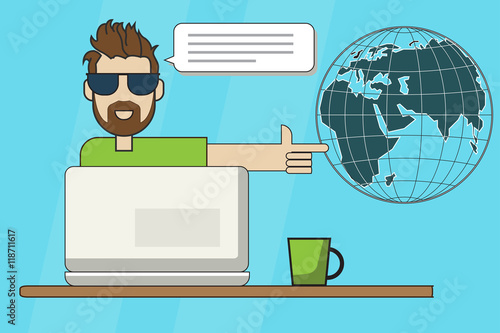 Anchorman reading the news. Thin  line vector illustration

