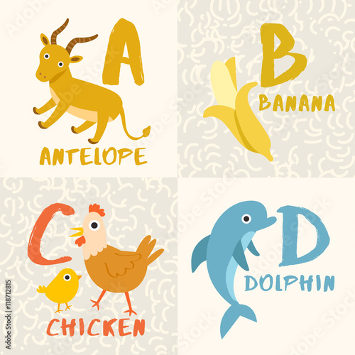 Cute Animal Alphabet Set   Letter A B C D   Vector Illustration