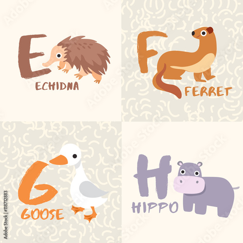 Cute Animal Alphabet Set : Letter E,F,G,H : Vector Illustration
