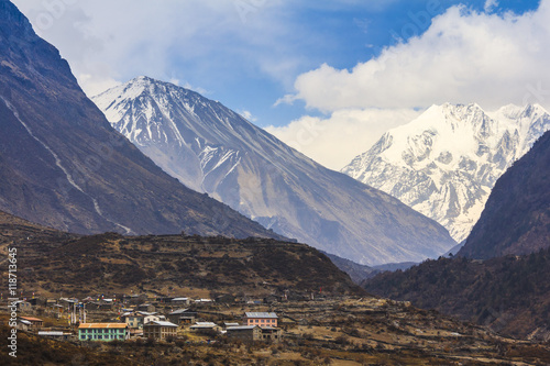 Langtang village valley and scenery of himalaya mountain range