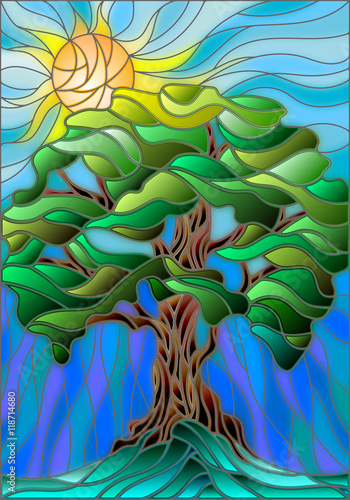 Illustration in stained glass style with tree on sky background and sun