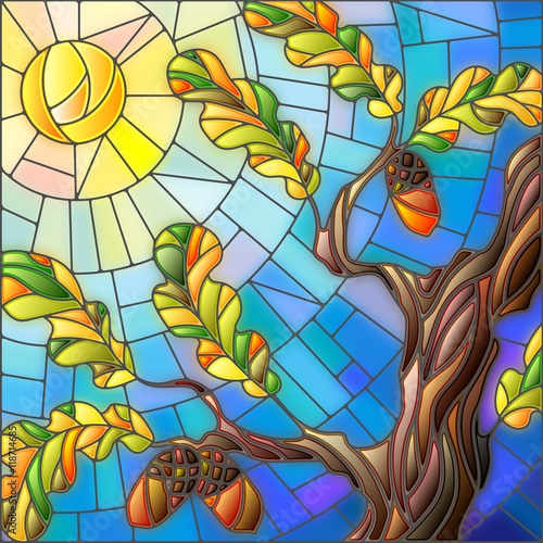 Illustration in stained glass style with oak leaves on background sky and sun