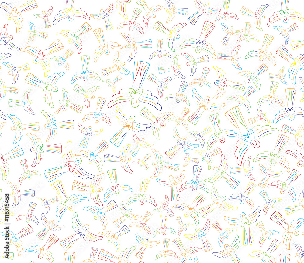 Angels on white background. Seamless pattern of the angels of different colors. Joyful pattern of brightly colored angels. For design of covers, printing on fabric or paper Angels on white background. Seamless pattern of the angels of different colors. Joyful pattern of brightly colored angels. For design of covers, printing on fabric or paper