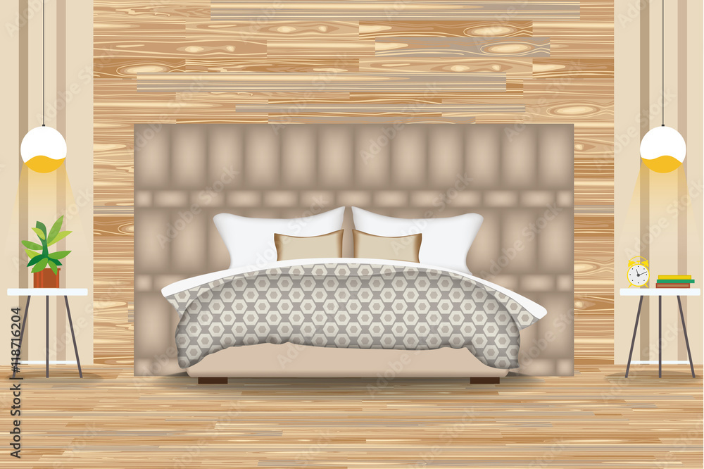 Modern Style Interior Design Vector  in Front of Parquet  Wall. Side Tables,Chandeliers, Bedroom. Elevation. Bedding  and Furniture Stock Vector | Adobe Stock