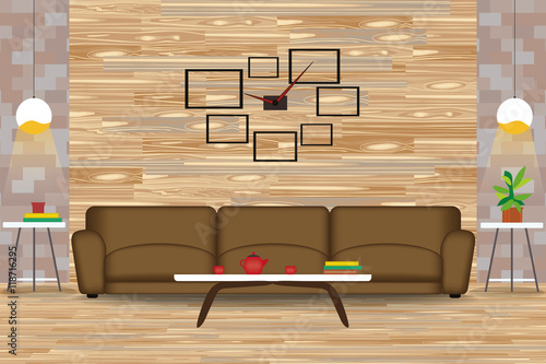 Modern Style Interior Design Vector Illustration.Sofa in Front of Wood Wall. Side Tables,Chandeliers,Clock. Cartoon Living Room with Parquet Floor. Elevation and Furniture