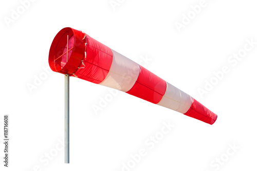 Meteorology windsock inflated by wind, isolated on white background. photo