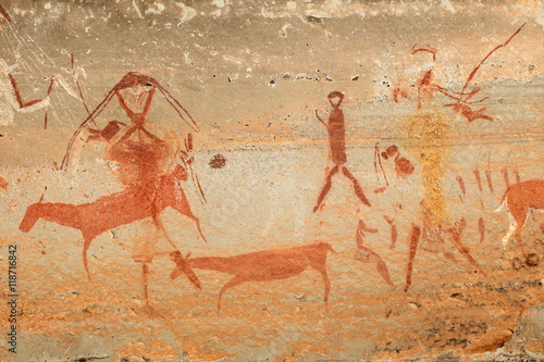 Bushmen (san) rock painting of humans and antelopes, Drakensberg mountains, South Africa.