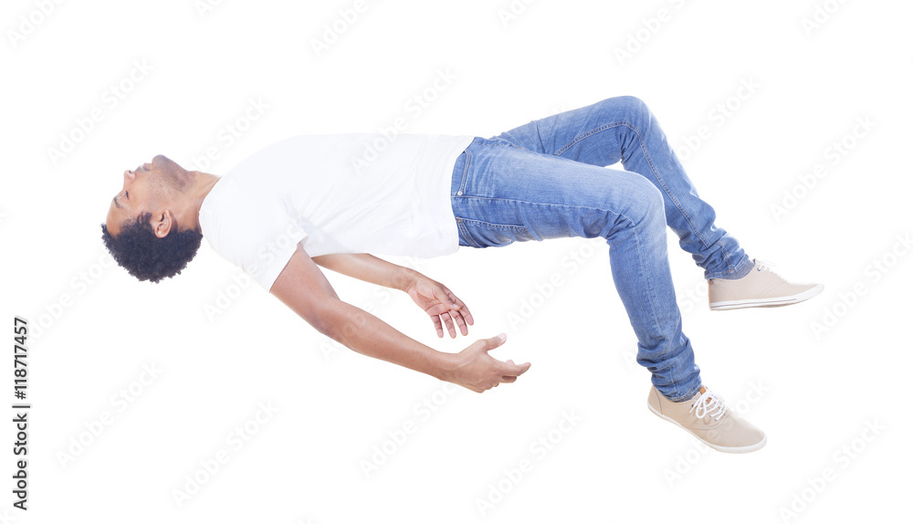 Interracial man floating on white background 