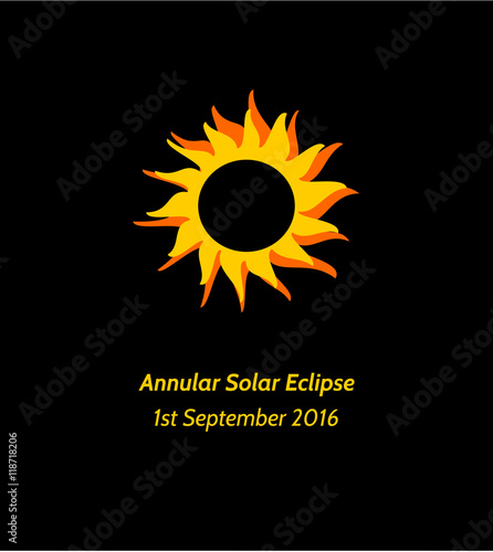 Postcard or banner with simple stylized illustration and inscription Annular Solar Eclipse 1st September 2016 in yellow orange and black colors.