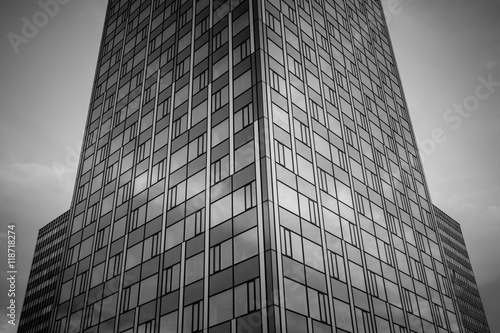 Office complex of high-rise buildings. Black and white.