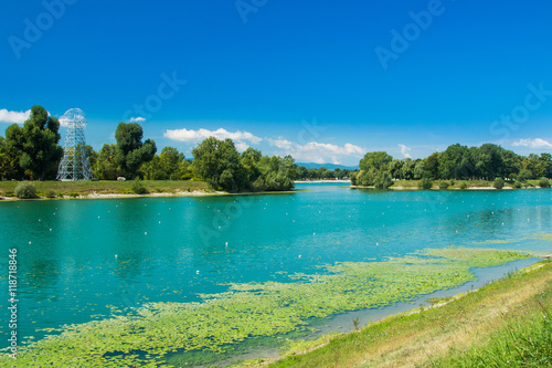  Beautiful Jarun lake in Zagreb, Croatia, sunny summer day 