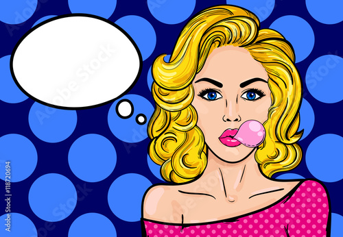 Pop-art blond woman with gum on a blue vintage background. Vector illustration with bubble for text
