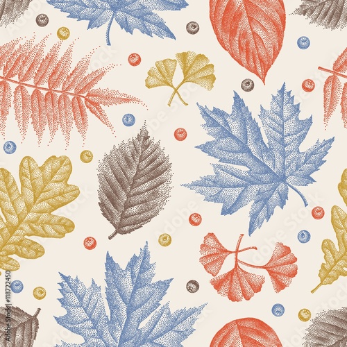 Engraving Leaves Seamless Pattern Vector Illustration