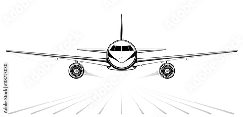 Airplane. The black silhouette of a jet airliner coming in to land on the background of white sky. Exhaust gases and runway