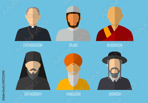 World religions monk people icons. Flat design style. Vector