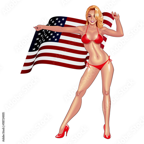 Beautiful lady in red bikini with USA flag