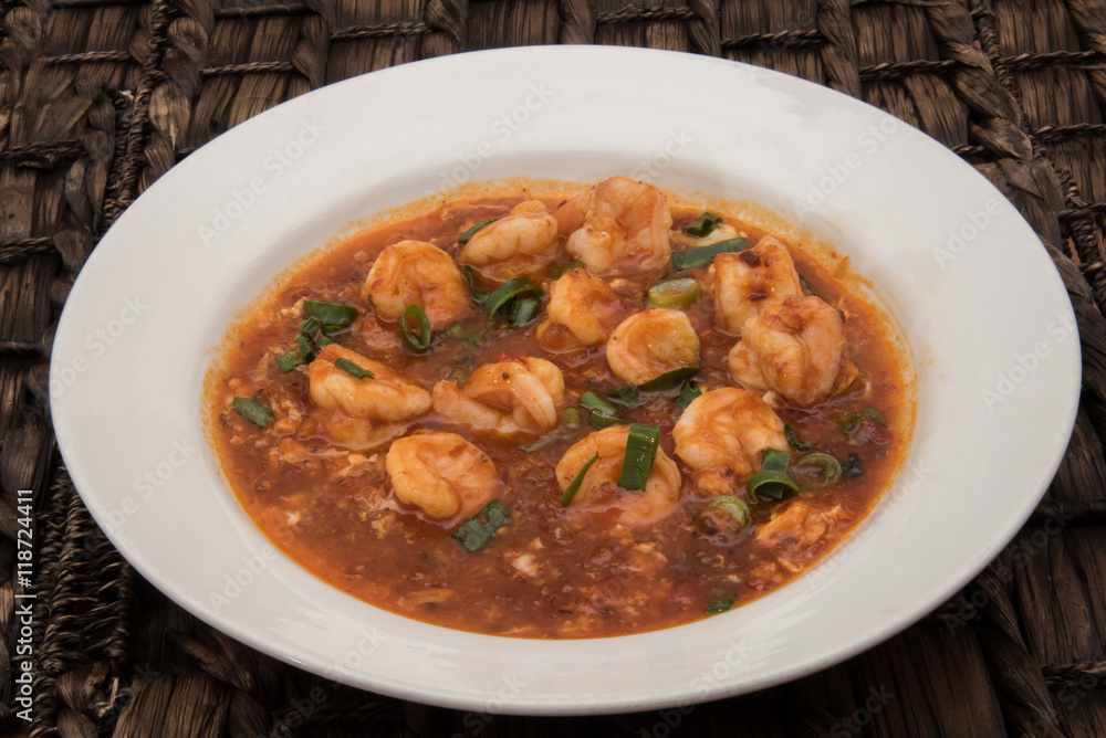 prawns cooked in a sweet chilli sauce also known as Singapore chilli prawns prawns cooked in a sweet chilli sauce also known as Singapore chilli prawns