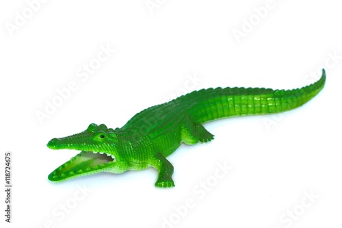 Crocodile toy on white background.