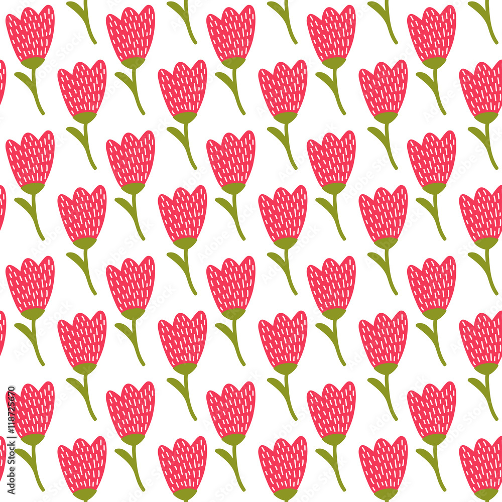 Simple doodle red tulip pattern. Cute flower seamless background. Summer wallpaper. Vector illustration. Simple doodle red tulip pattern. Cute flower seamless background. Summer wallpaper. Vector illustration.