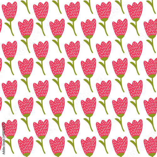 Simple doodle red tulip pattern. Cute flower seamless background. Summer wallpaper. Vector illustration. © illucesco