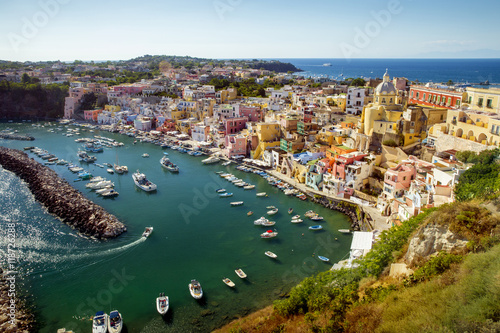 Panorama of Corricella village on Procida island, Campania, Italy