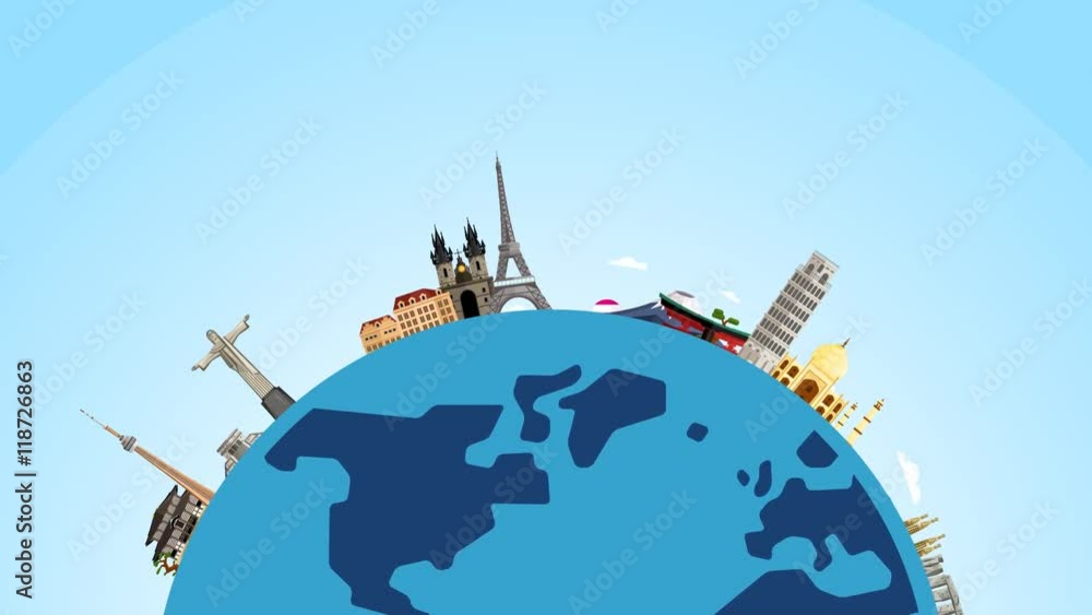 Travel the world. Monument concept. Landmarks on the globe. Tourism and vacation theme. Modern flat design. Famous world landmarks destination. Journey around the world.