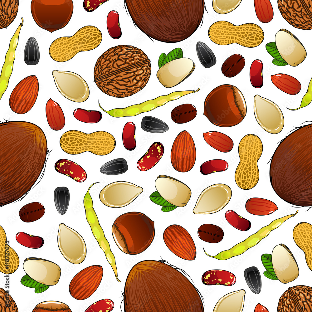 Seamless nuts, beans and seeds pattern background