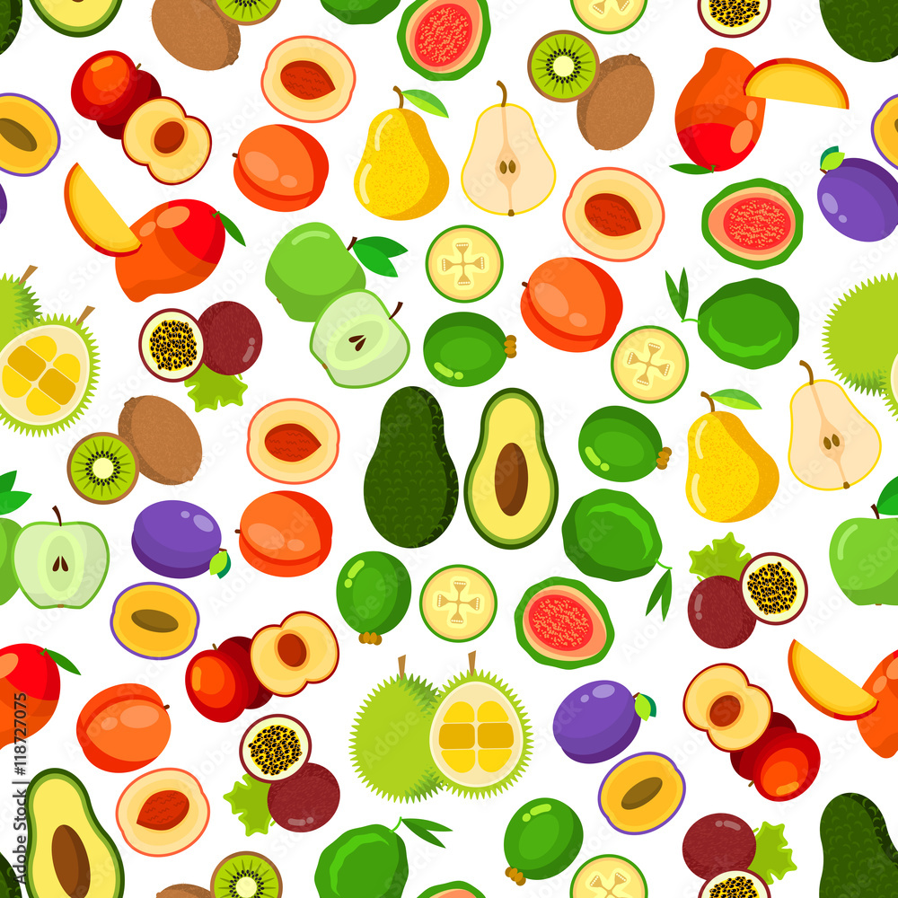 Whole and halved fruits seamless pattern Whole and halved fruits seamless pattern