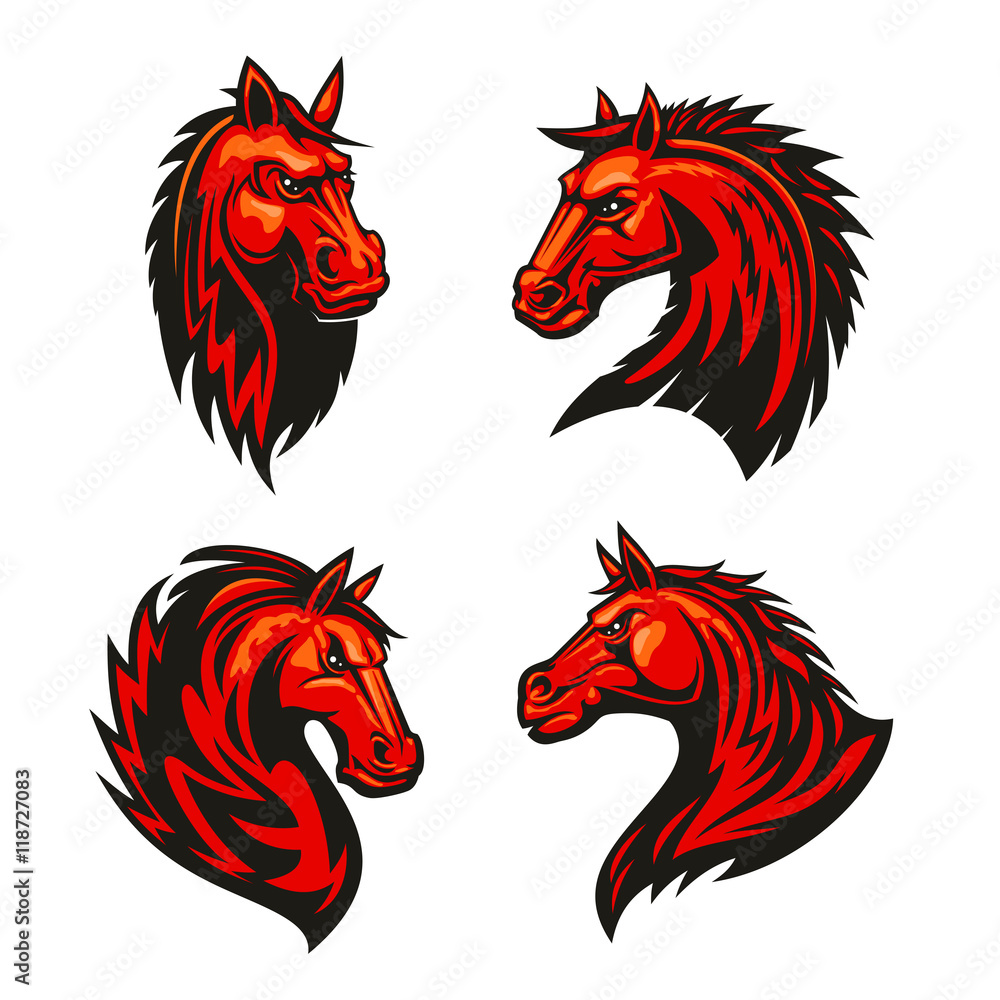 Fire horses mascots with tribal flame ornaments