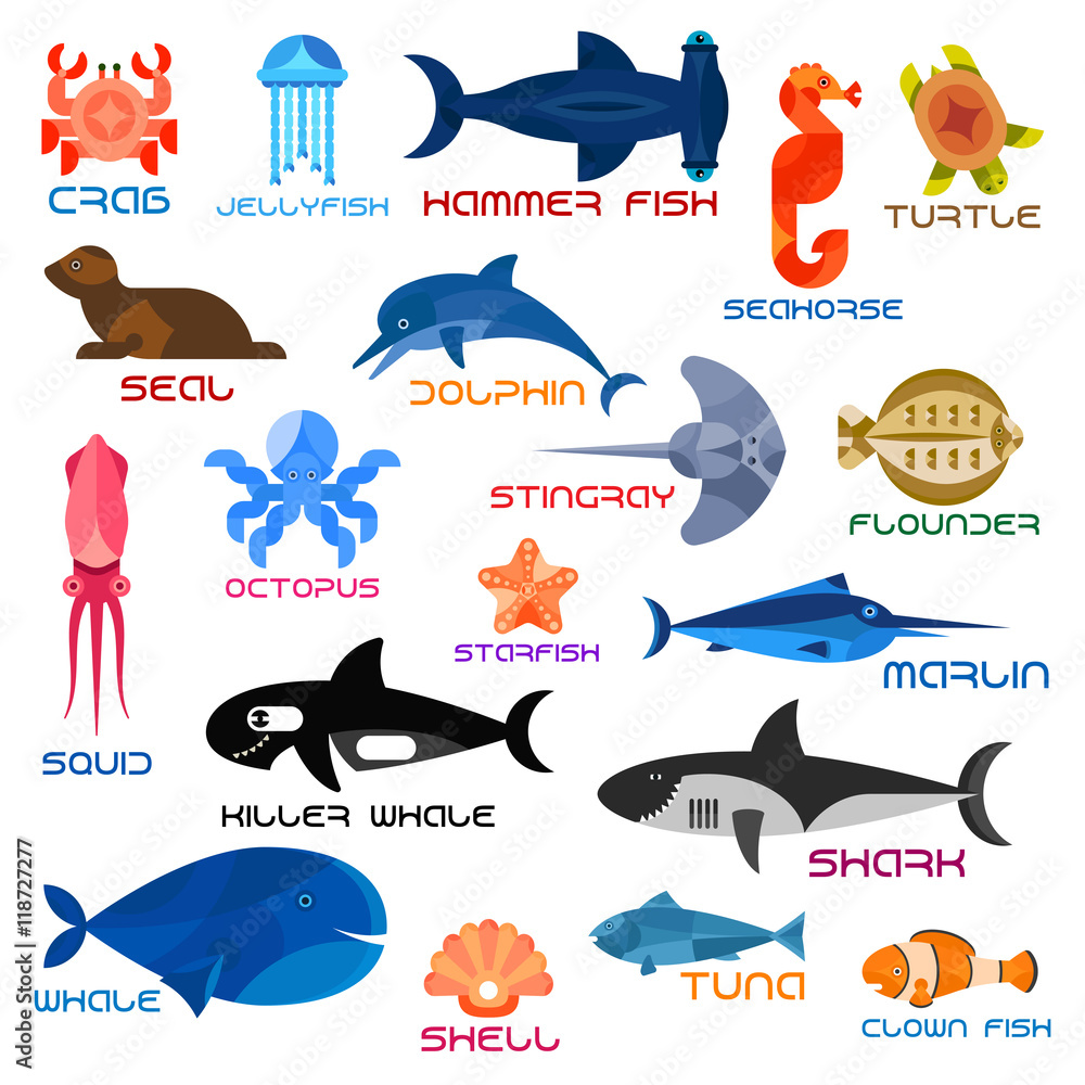 Oceanarium ocean animals and fishes with names Stock Vector | Adobe Stock