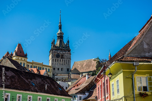 Famous Clock Tower in Sighisoara town in Romania