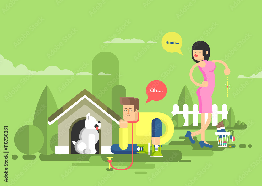 illustration of sad man sits beside a dog at the doghouse