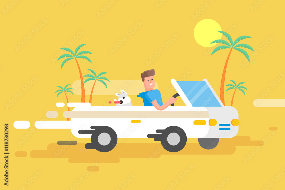 Obraz premium illustration happy guy drives a white convertible