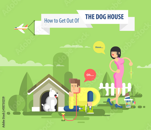 illustration of sad man sits beside a dog at the doghouse