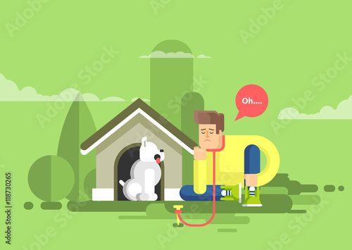 illustration of sad man sits beside a dog at the doghouse