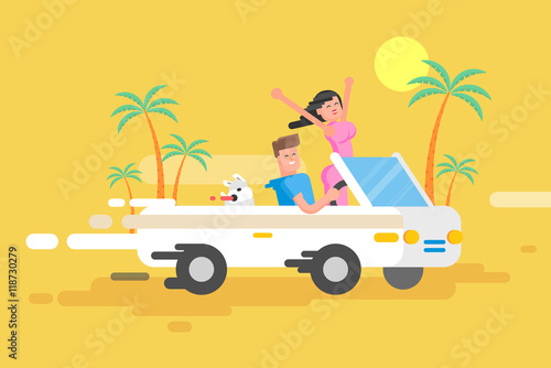 illustration happy guy drives white convertible