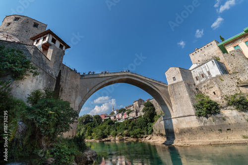 The Old Bridge with river Neretva. "Stari Most" was built in 1557 by Ottomans. Old Bridge is inscribed on World Heritage List by UNESCO in 2005.