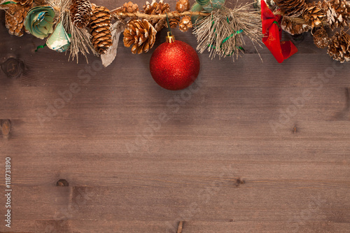 Christmas decorations on wooden boards. background