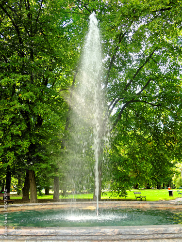 The sun's rays illuminate the fountain hidden among the trees in a city park.