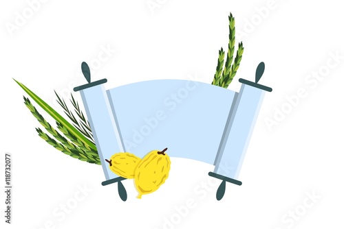 Jewish holiday Sukkot. torah with Lulav, ,Etrog, Arava and Hadas. Four species symbols date palm, citron, willow, myrtle