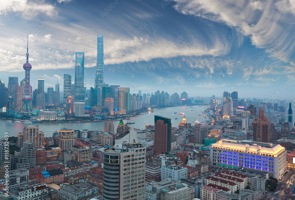 Obraz premium Aerial photography at Shanghai bund Skyline of twilight