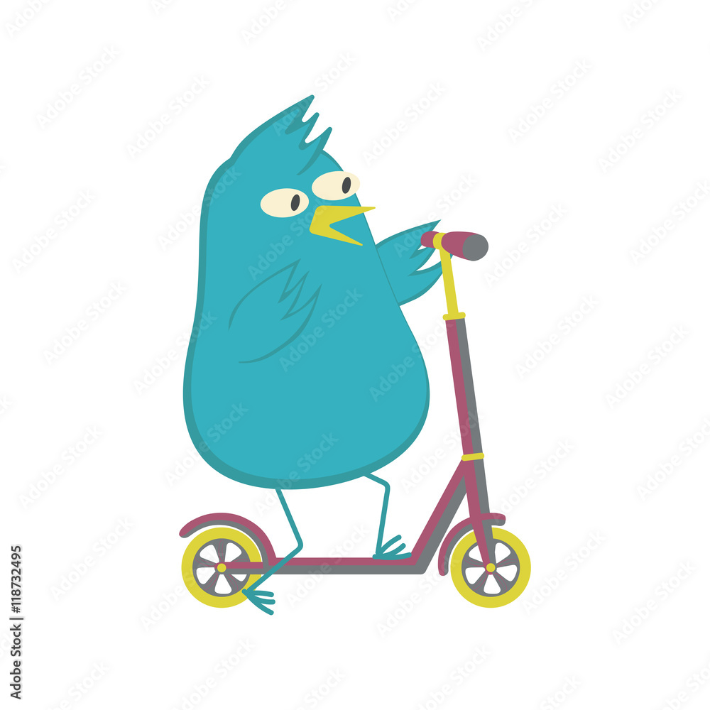 Fototapeta premium Blue bird ride push scooter. Vector illustration.