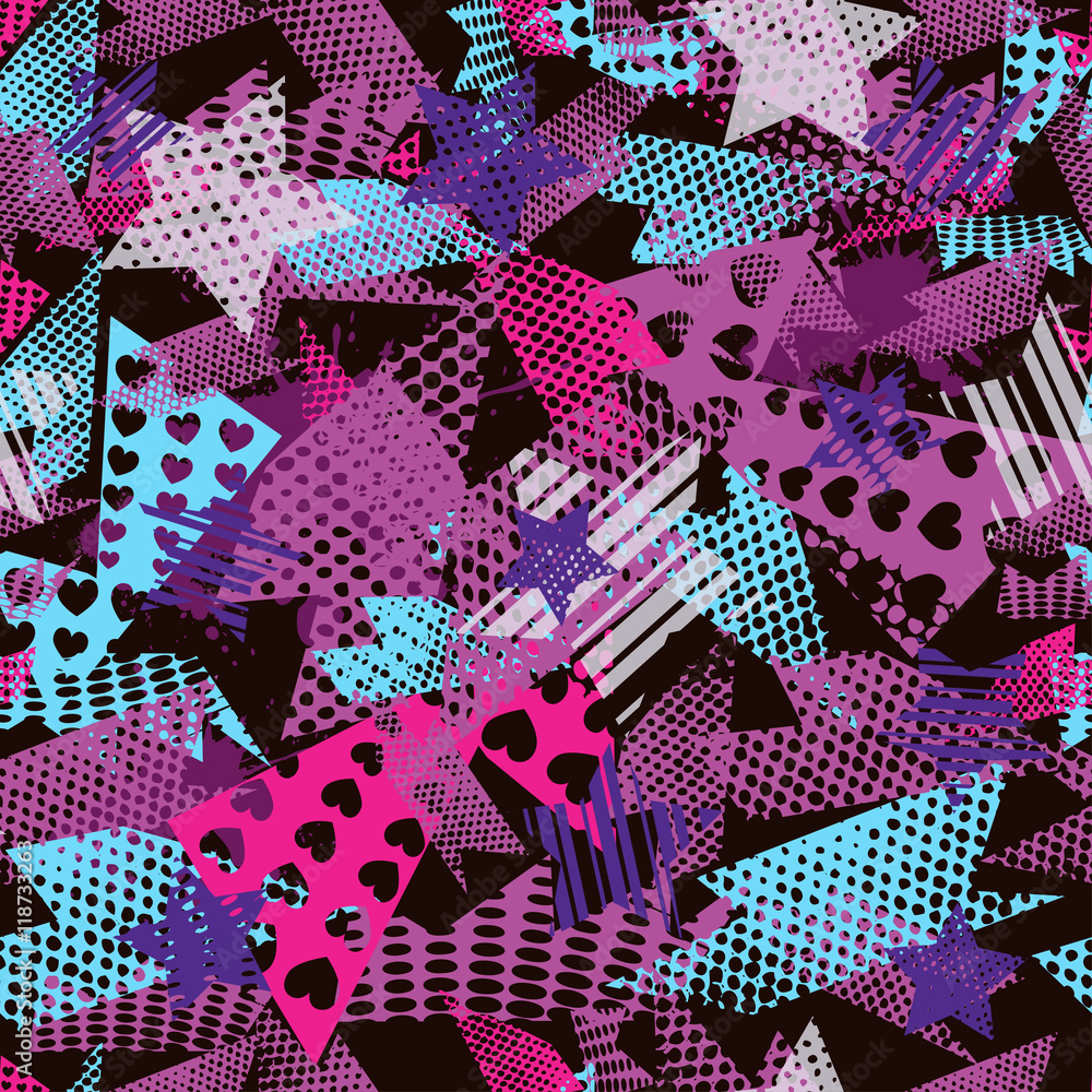 Abstract seamless pattern for girls,boys.Creative vector background with hearts, stars, geometric figures.Funny wallpaper for textile and fabric.Fashion style.Colorful bright Pink, yellow, purple