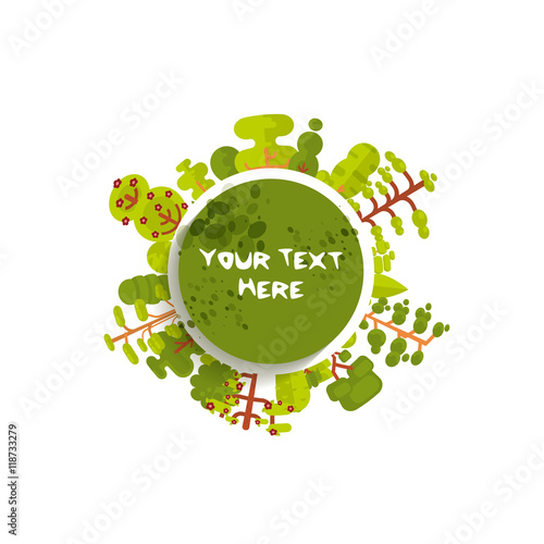 illustration of green circle banner or round sticker with trees and bushes located along the rim on a white background in  flat style