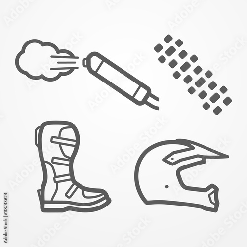 Set of cross and off-road motorcycle parts in line style. Exhaust, tire track, boot and helmet. Motorbike vector stock image.