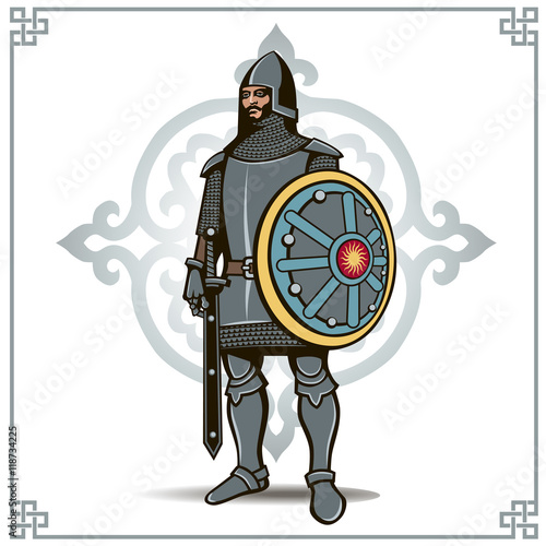 Vector knight in armor with sword and shield